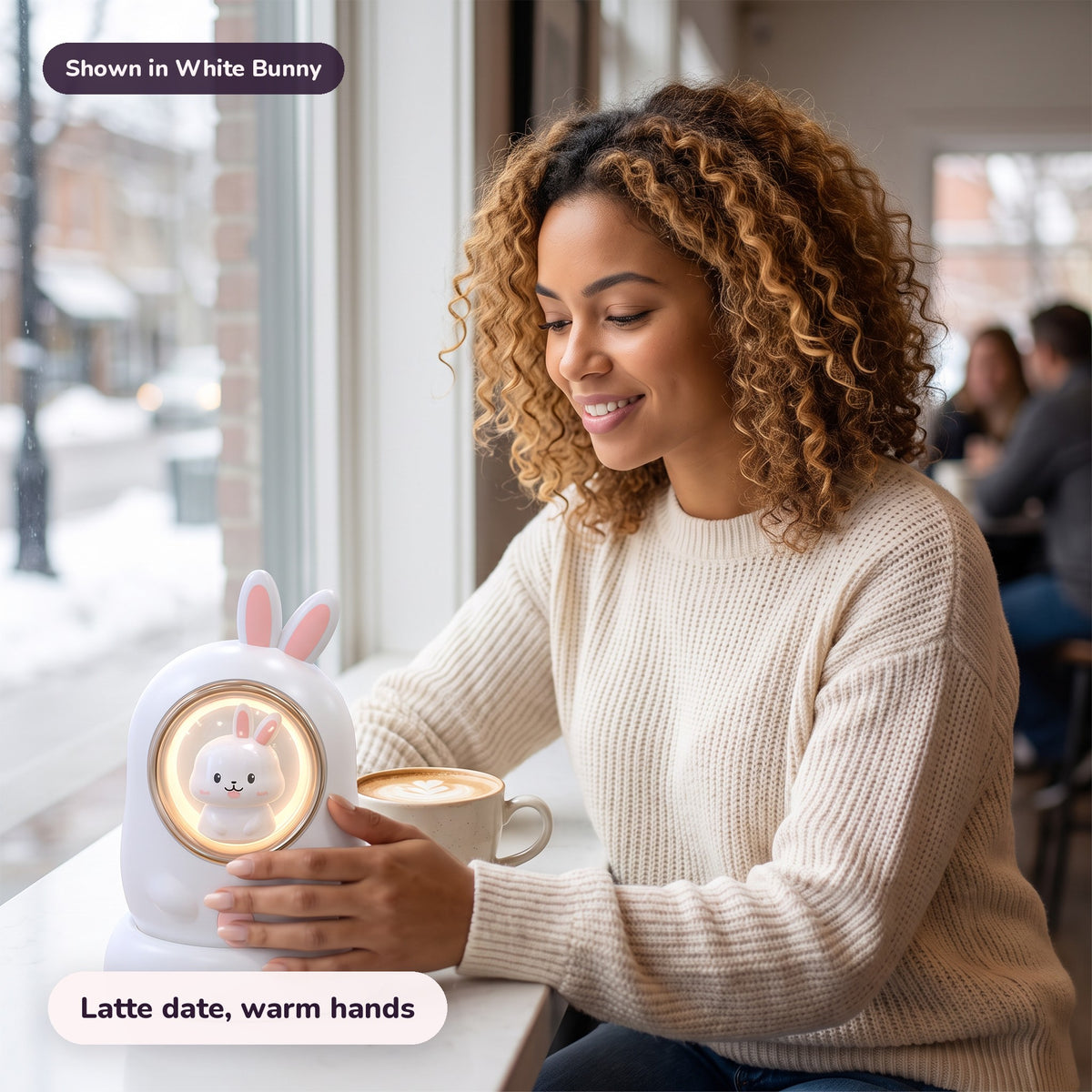 Snugglet Bun Warmer in White Bunny: Latte date, warm hands
