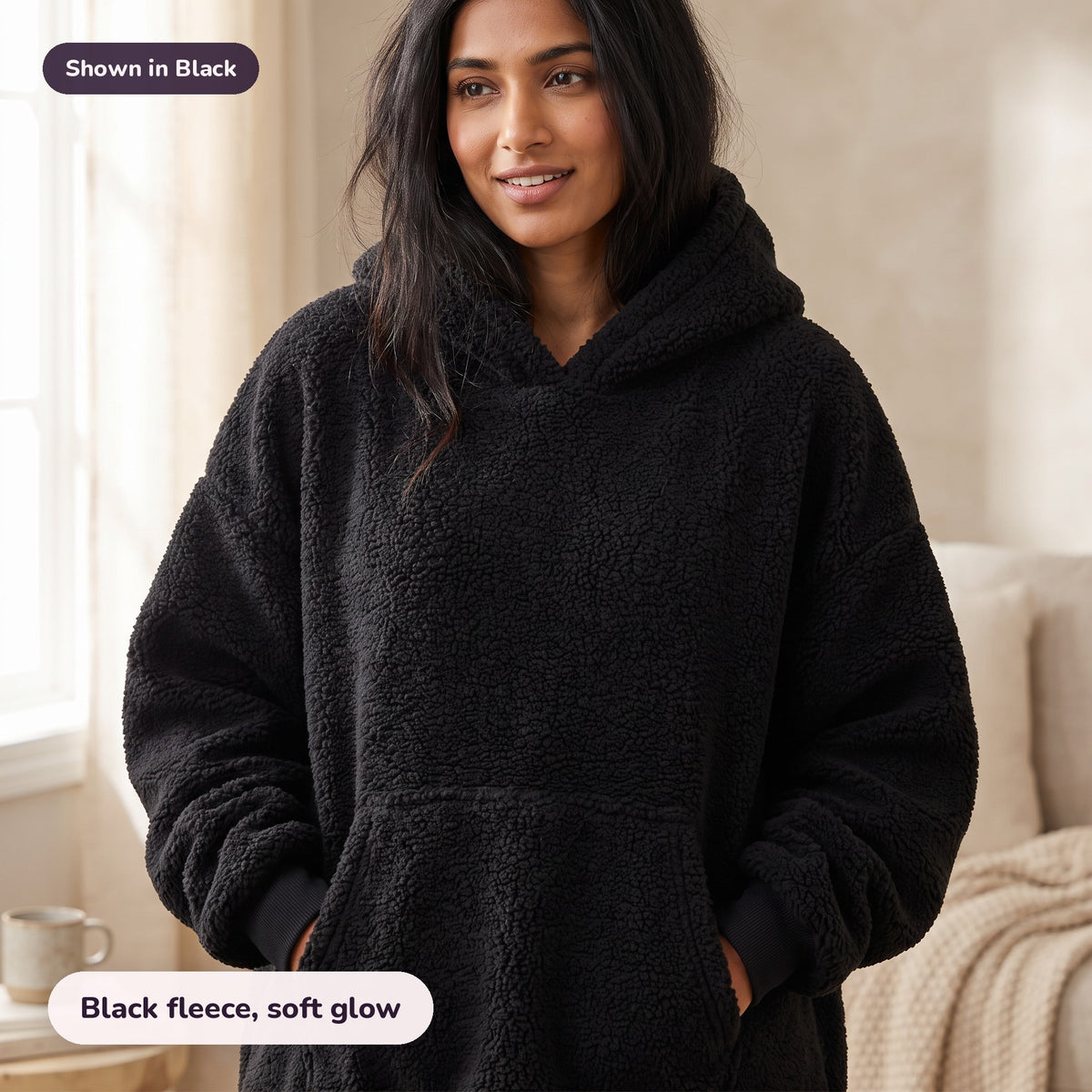 Snugglet Hug Hoodie in Black: Black fleece, soft glow