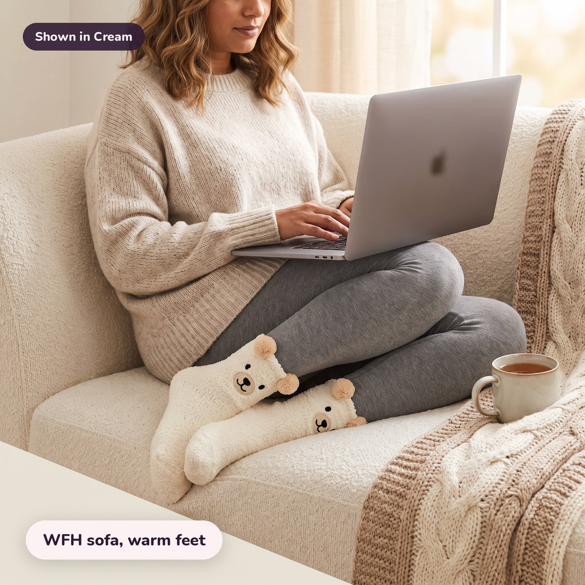 Snugglet Bear Socks in Cream: WFH sofa, warm feet