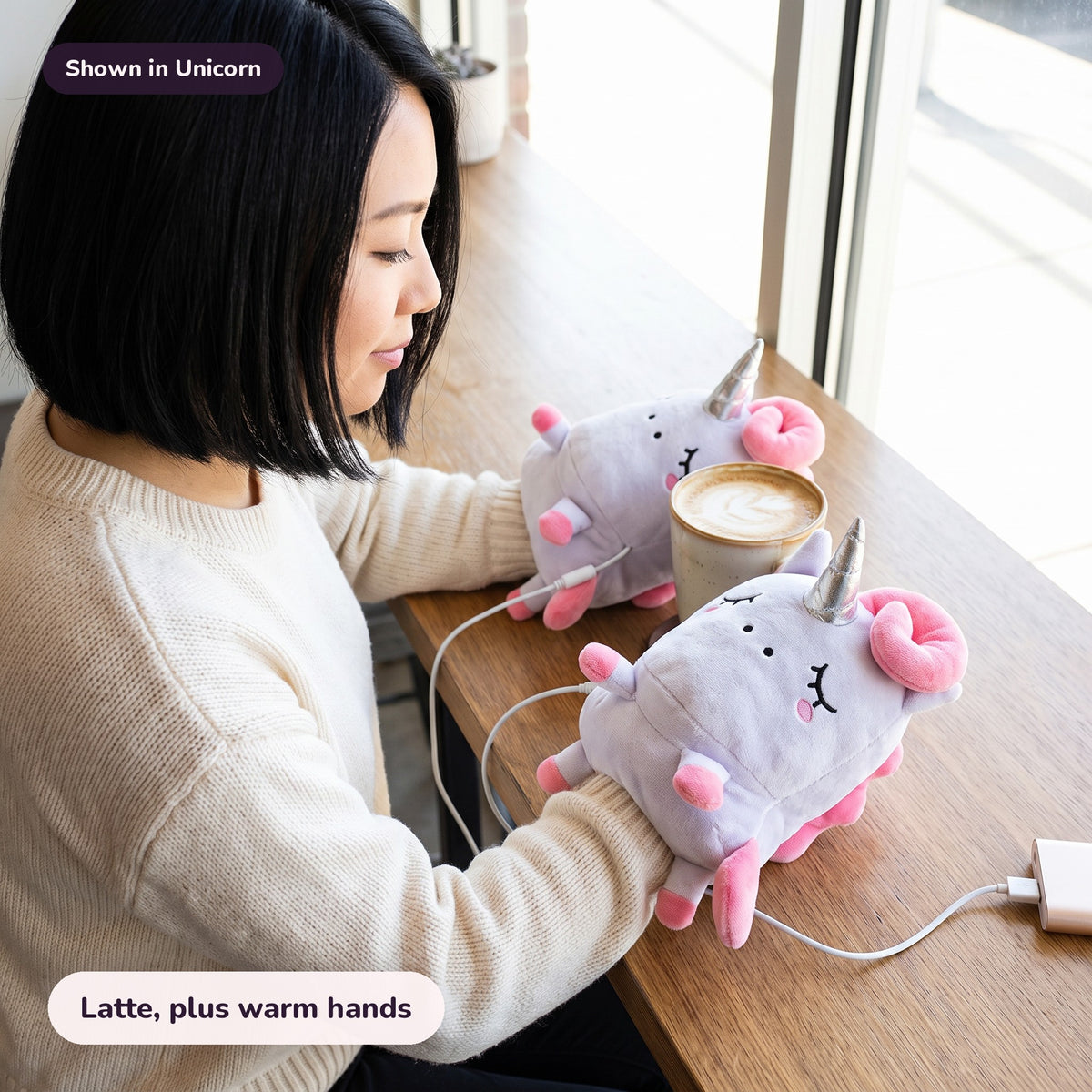 Snugglet Toast Mitts in Unicorn: Latte, plus warm hands