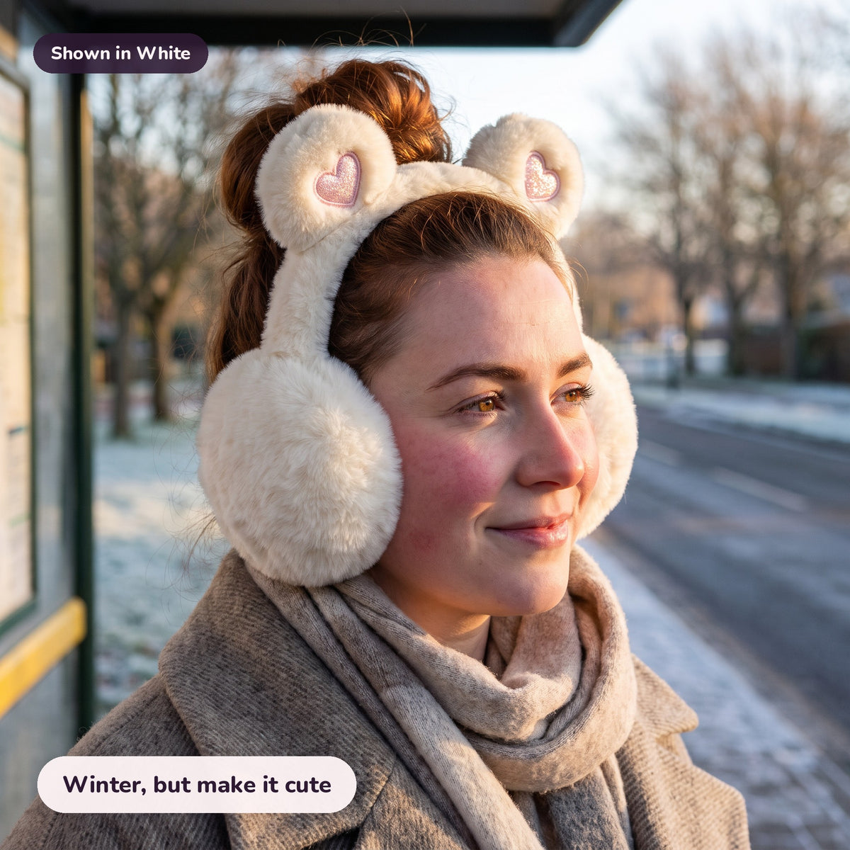 Woman using the Snugglet Bear Muffs in White – Winter, but make it cute