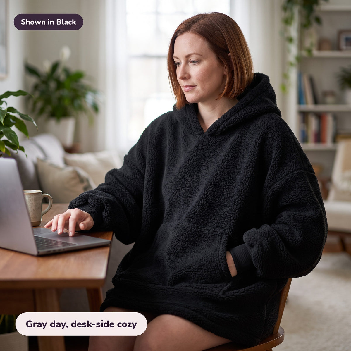 Snugglet Hug Hoodie in Black: Gray day, desk-side cozy