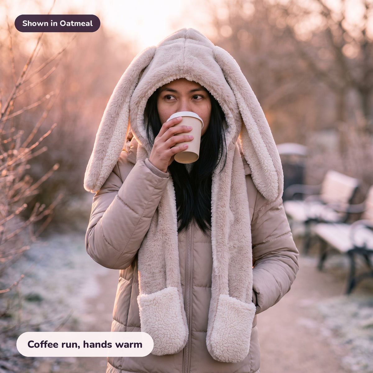 Snugglet Bunny Set in Oatmeal: Coffee run, hands warm