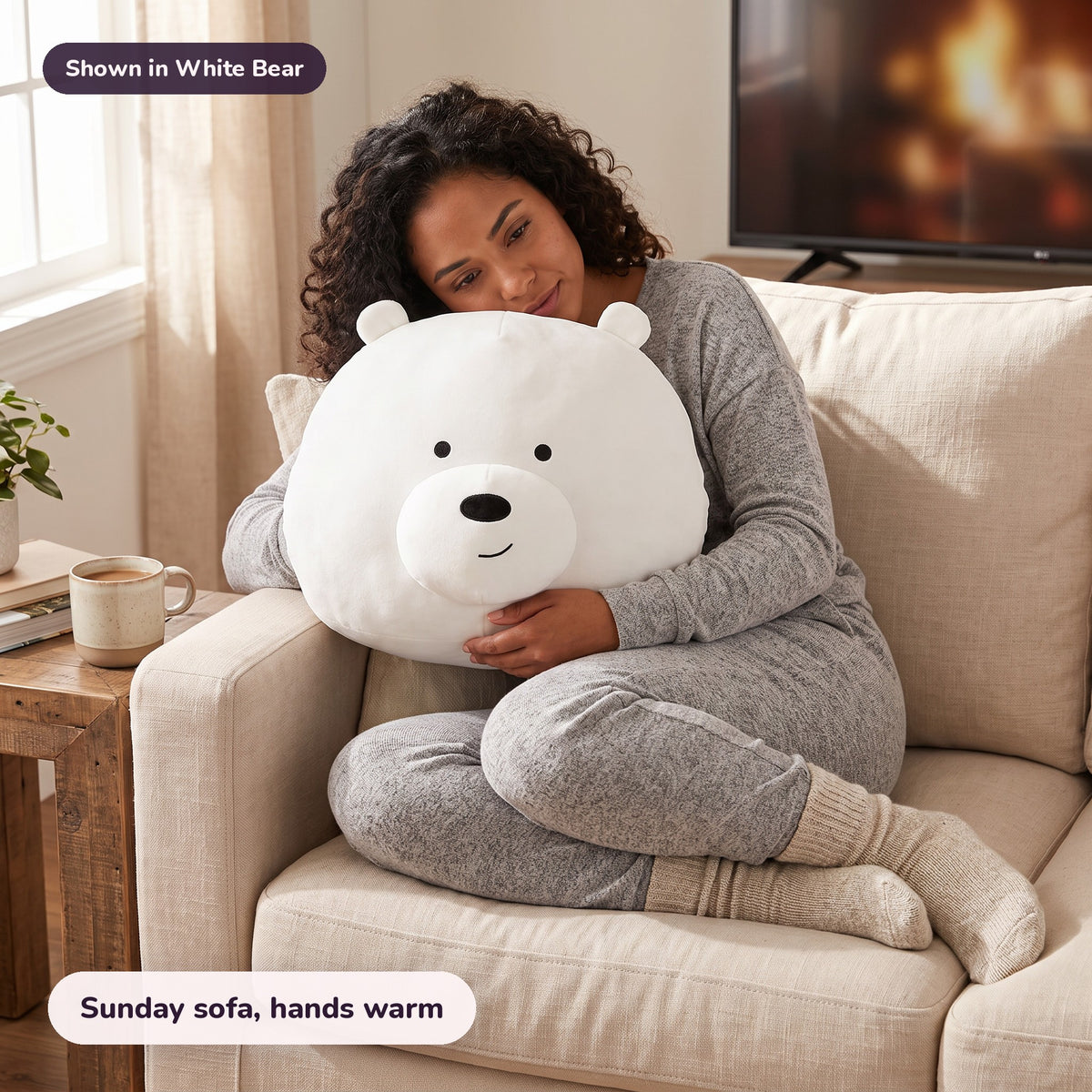 Snugglet Panda Buddy in White Bear: Sunday sofa, hands warm