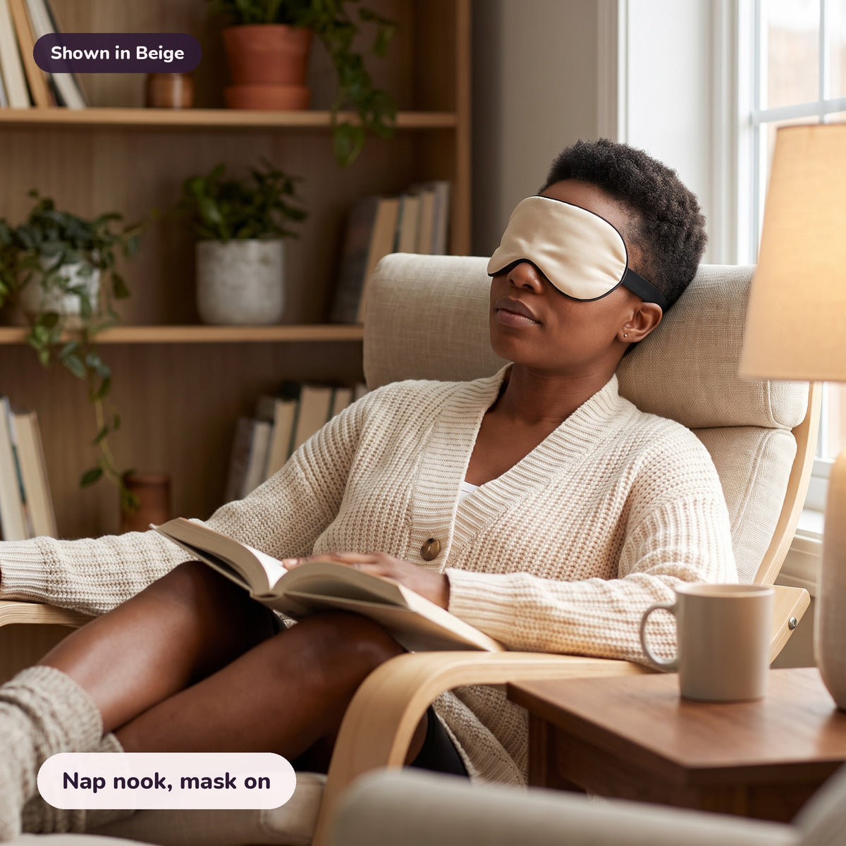 Snugglet Silky Mask in Beige: Nap nook, mask on
