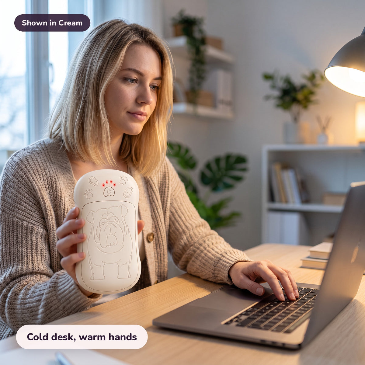 Snugglet Pup Warmer in Cream: Cold desk, warm hands