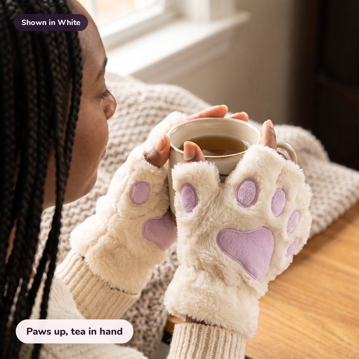 Snugglet Paw Gloves in White: Paws up, tea in hand