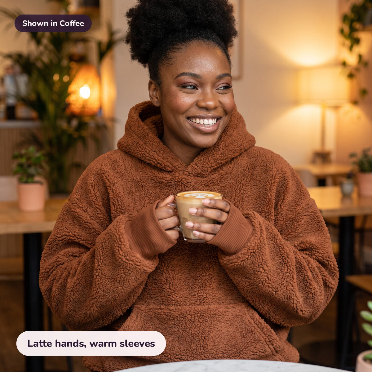 Snugglet Hug Hoodie in Coffee: Latte hands, warm sleeves
