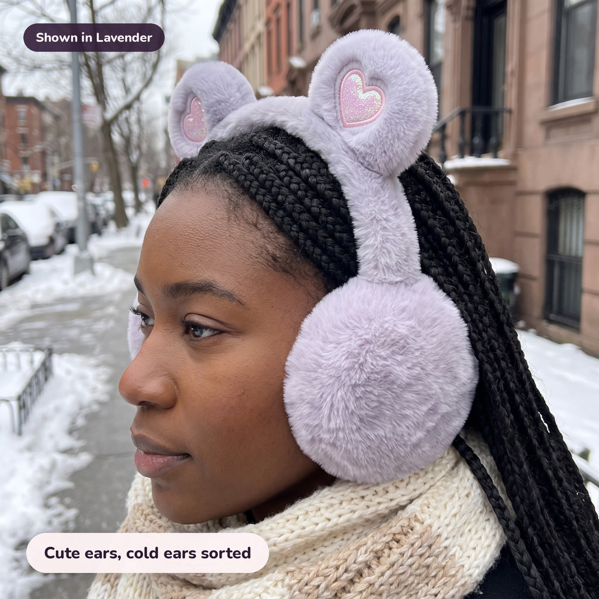 Woman using the Snugglet Bear Muffs in Lavender – Cute ears, cold ears sorted
