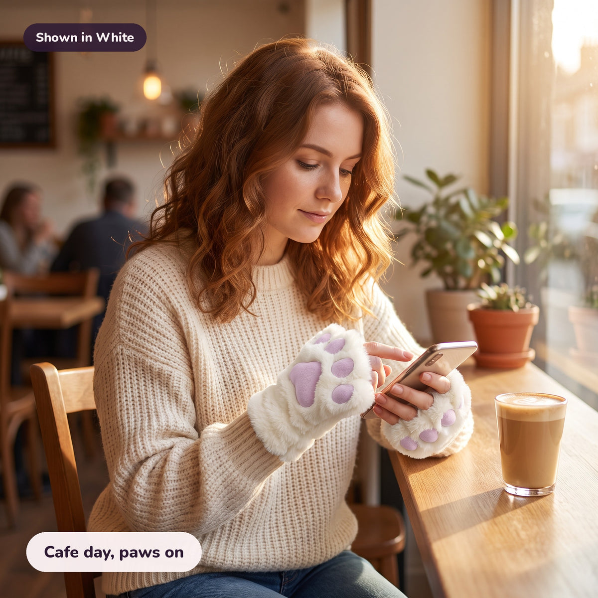 Snugglet Paw Gloves in White: Cafe day, paws on