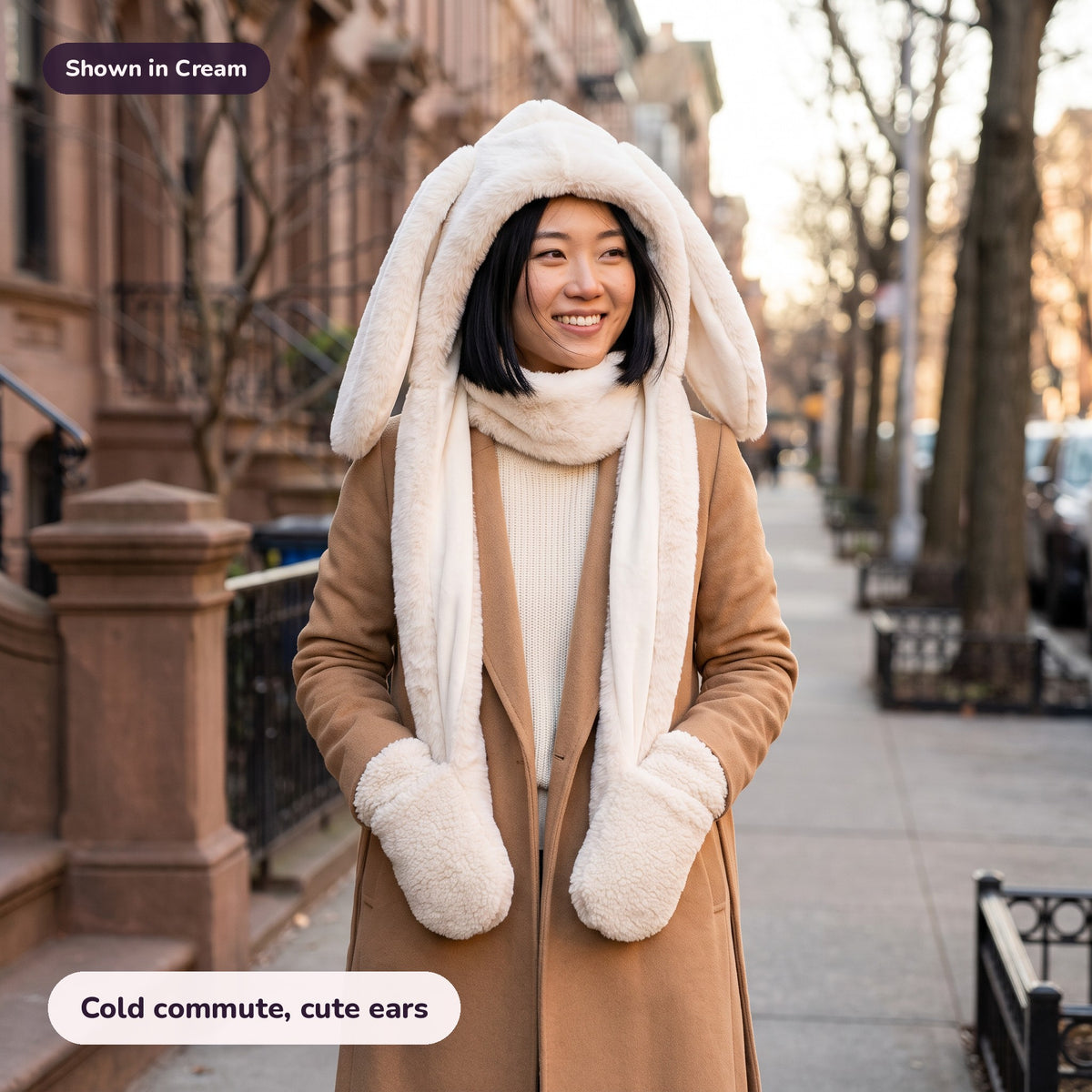 Woman using the Snugglet Bunny Set in Cream – Cold commute, cute ears