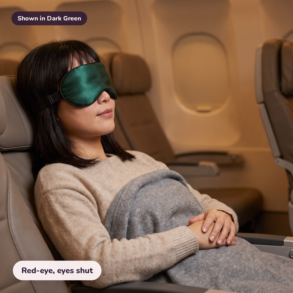 Snugglet Silky Mask in Dark Green: Red-eye, eyes shut