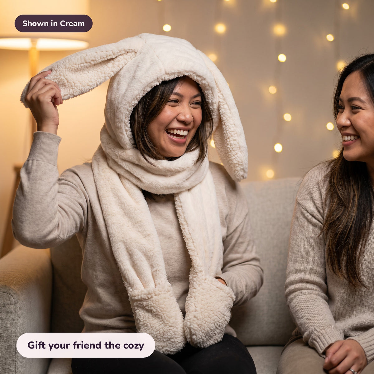 Woman using the Snugglet Bunny Set in Cream – Gift your friend the cozy
