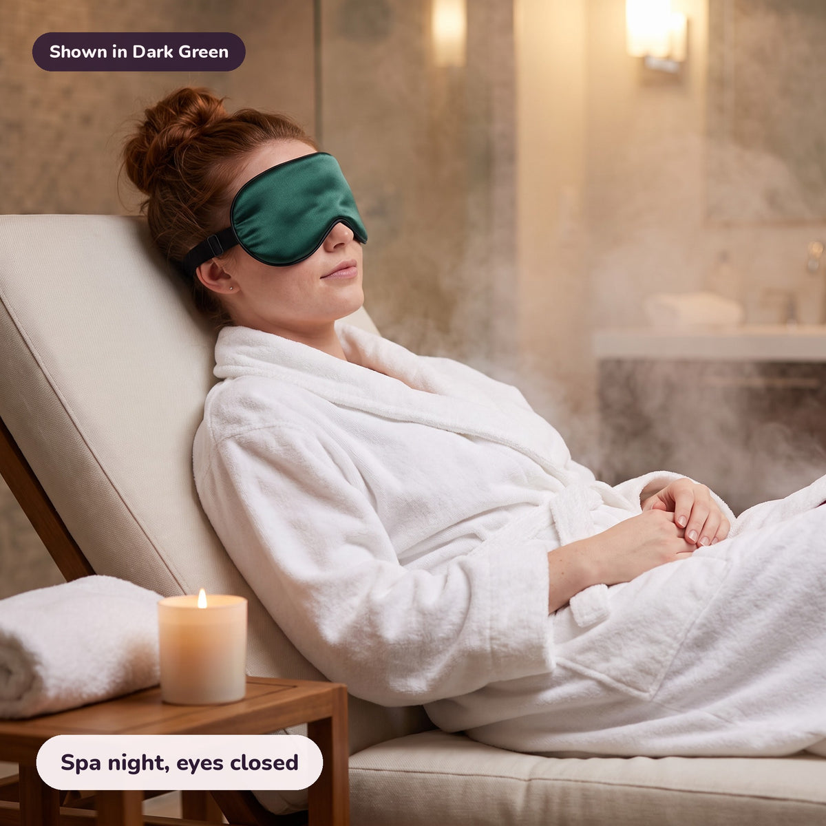 Snugglet Silky Mask in Dark Green: Spa night, eyes closed
