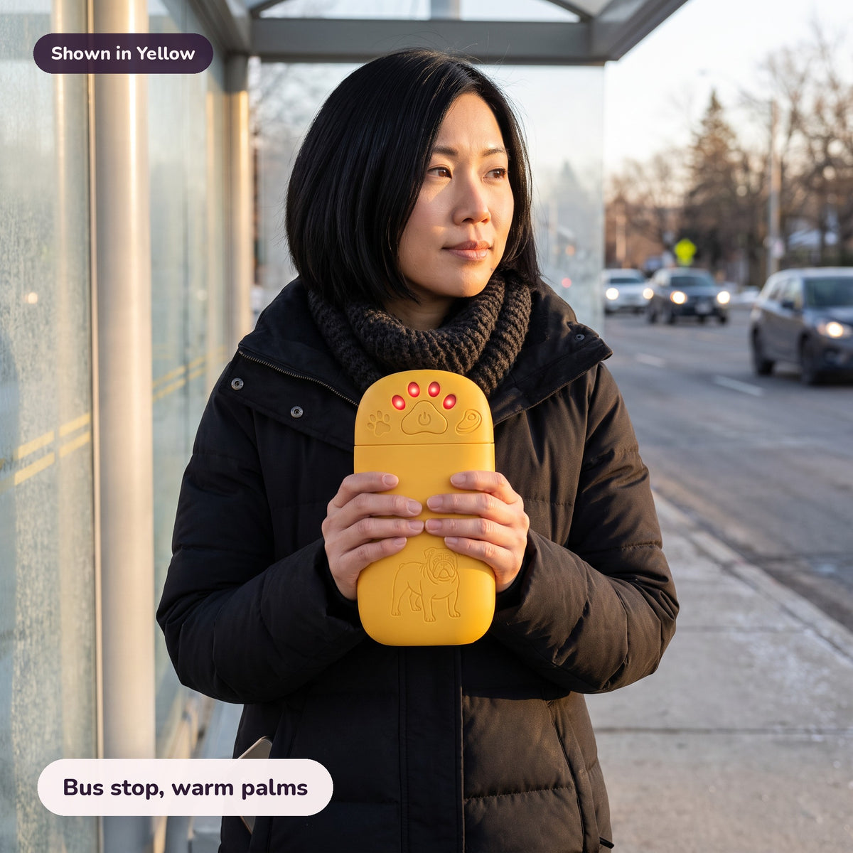 Snugglet Pup Warmer in Yellow: Bus stop, warm palms