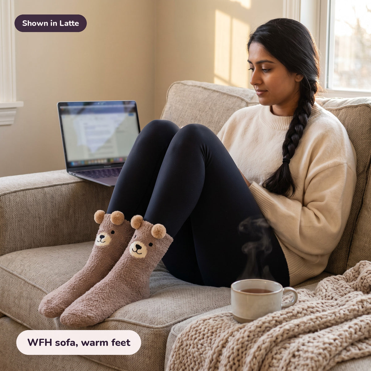 Snugglet Bear Socks in Latte: WFH sofa, warm feet