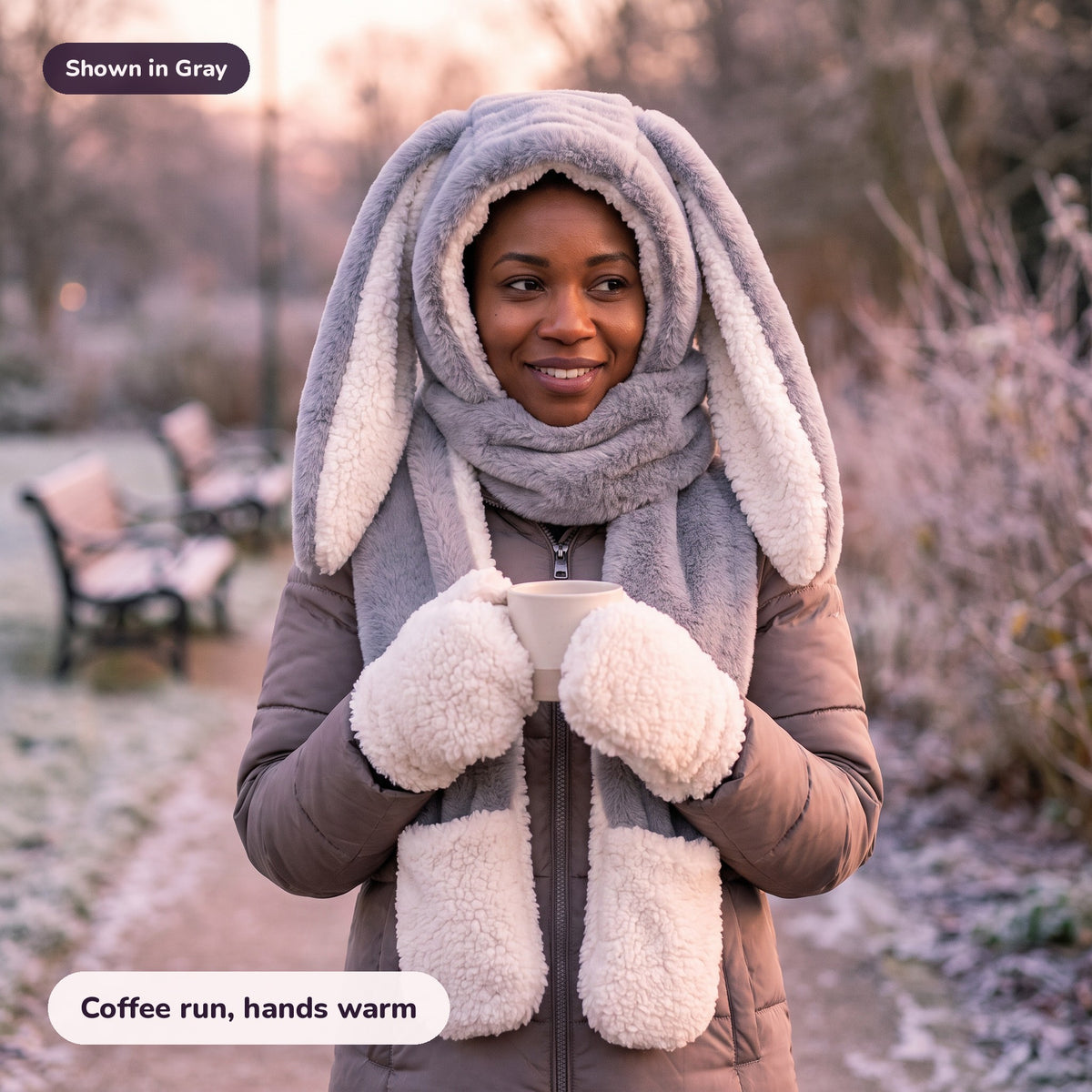 Snugglet Bunny Set in Gray: Coffee run, hands warm
