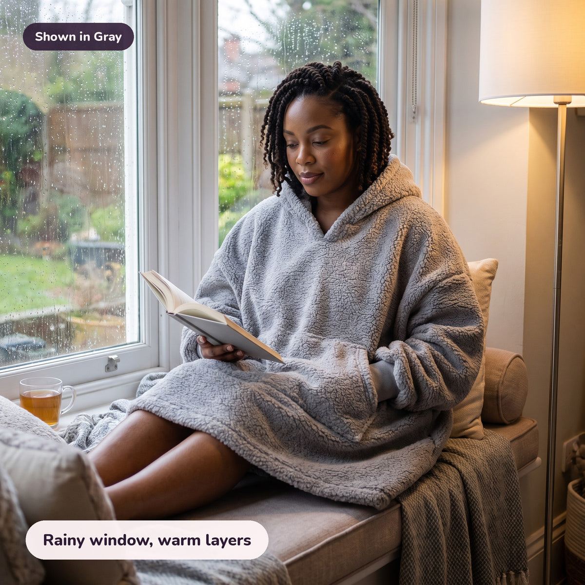 Snugglet Hug Hoodie in Gray: Rainy window, warm layers