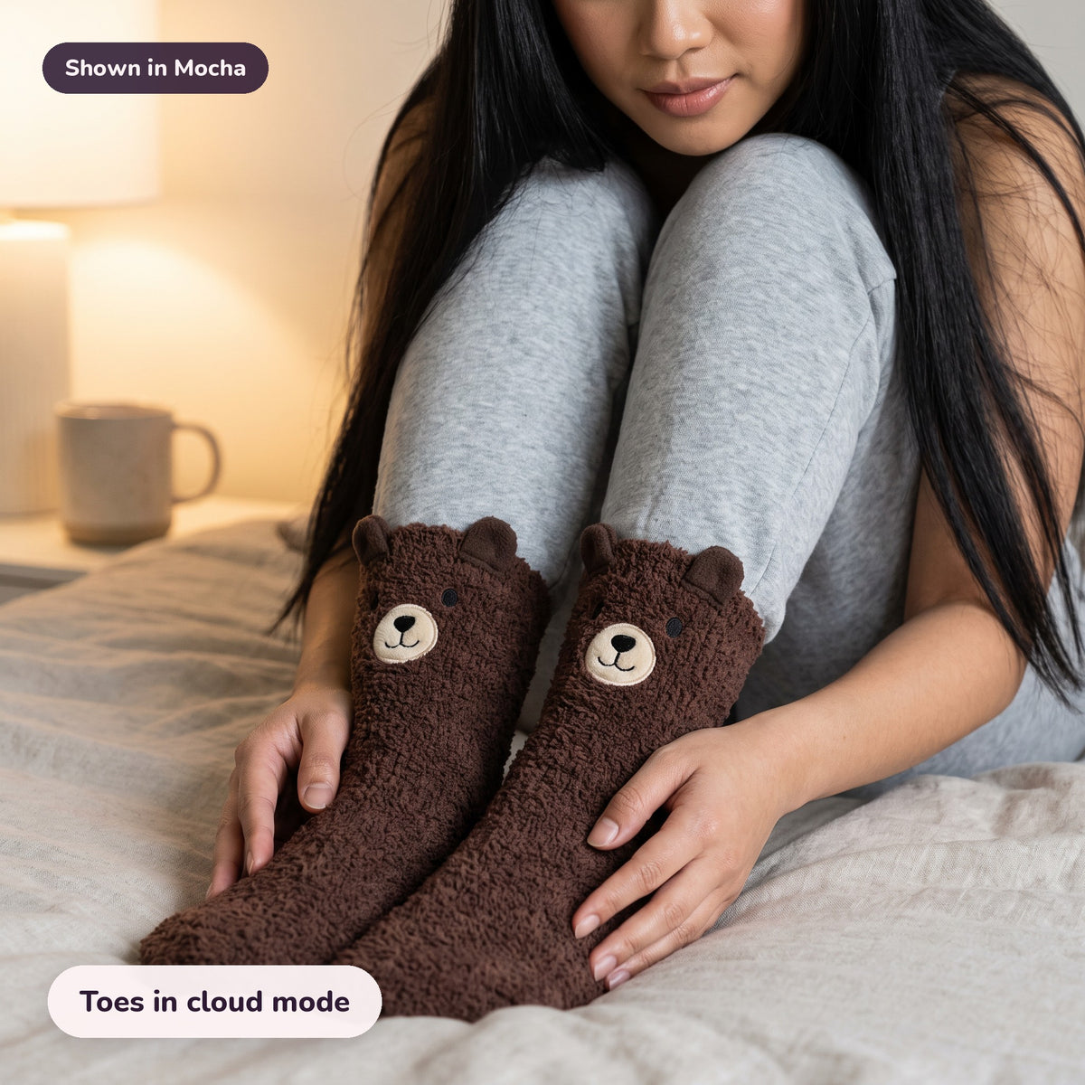 Snugglet Bear Socks in Mocha: Toes in cloud mode