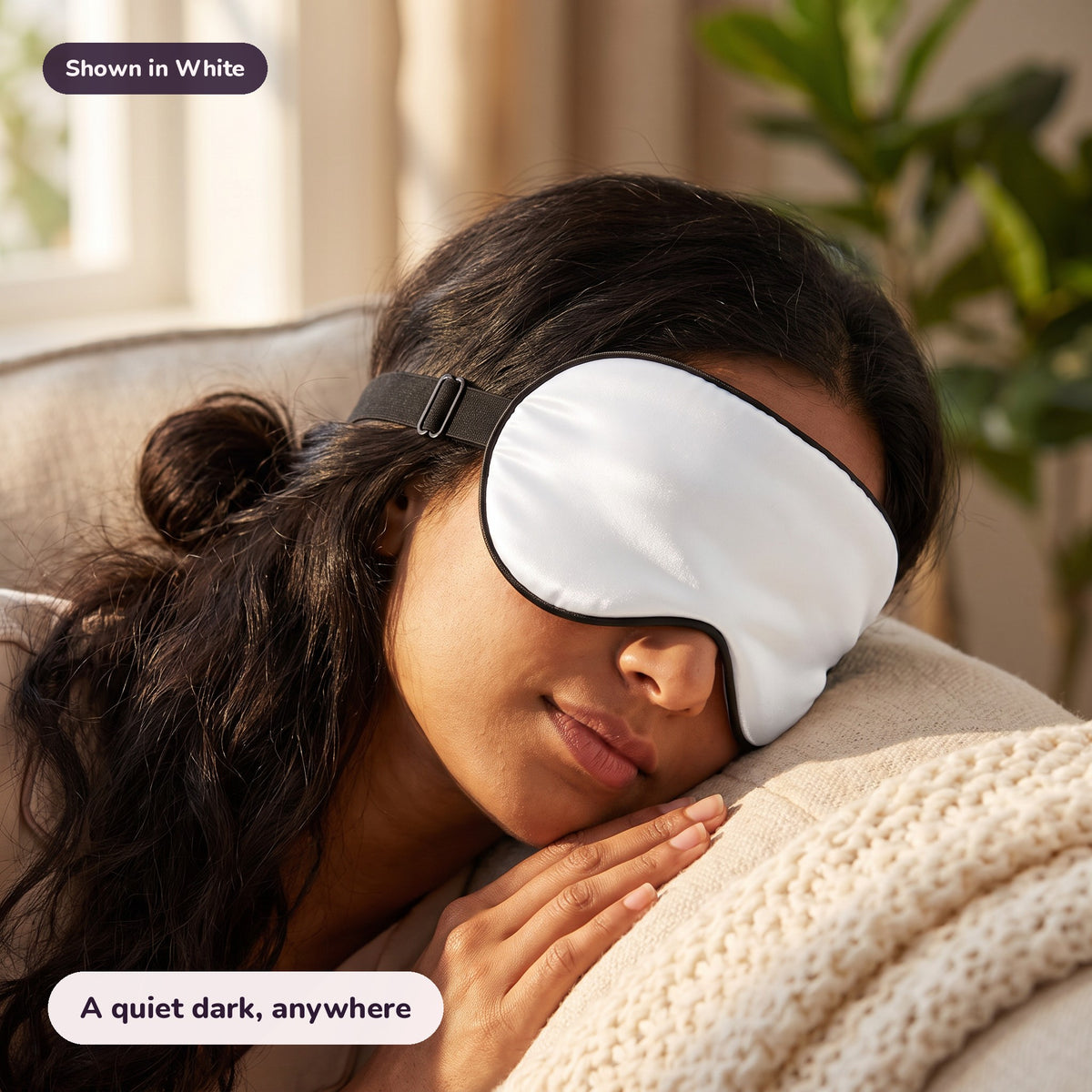 Snugglet Silky Mask in White: A quiet dark, anywhere