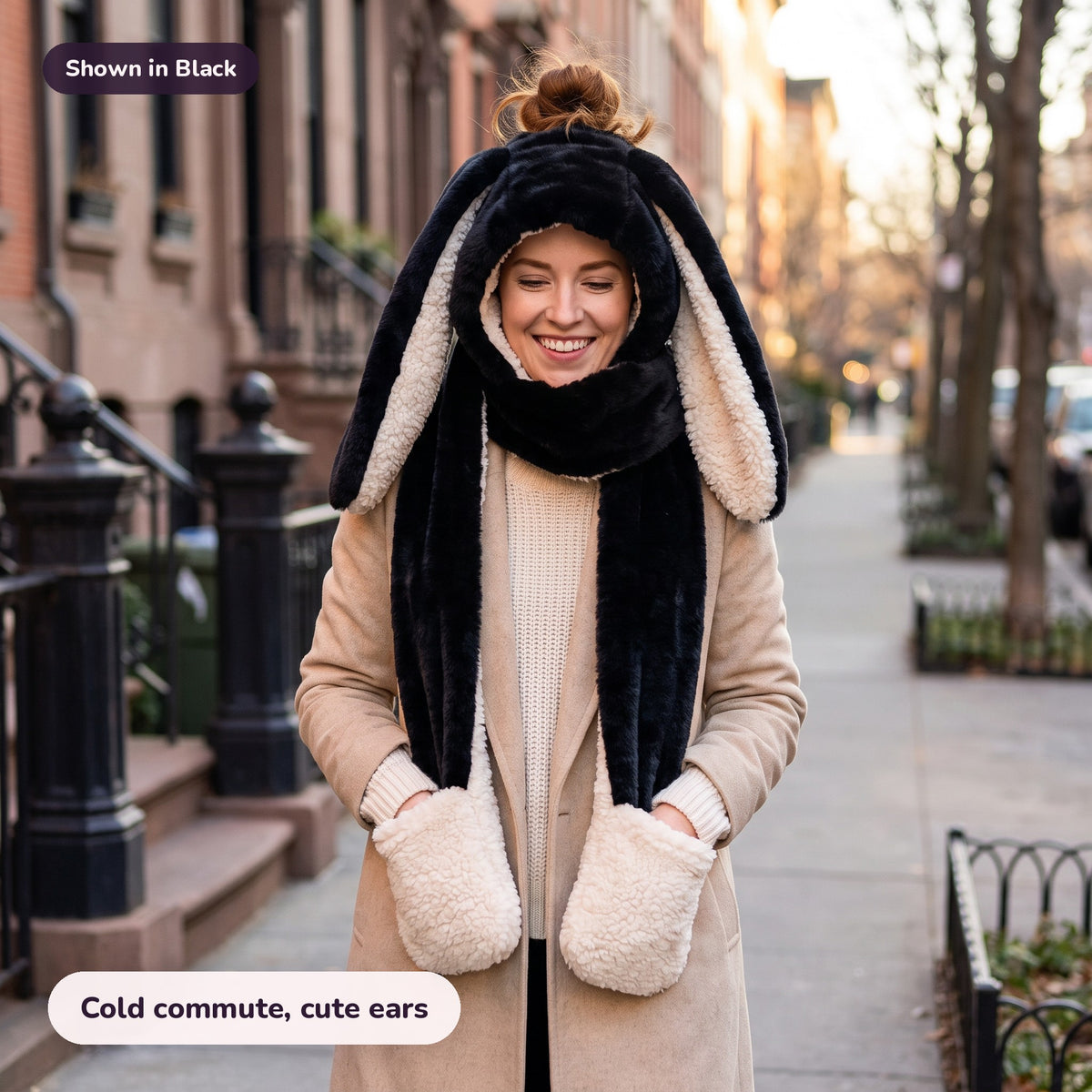 Woman using the Snugglet Bunny Set in Black – Cold commute, cute ears