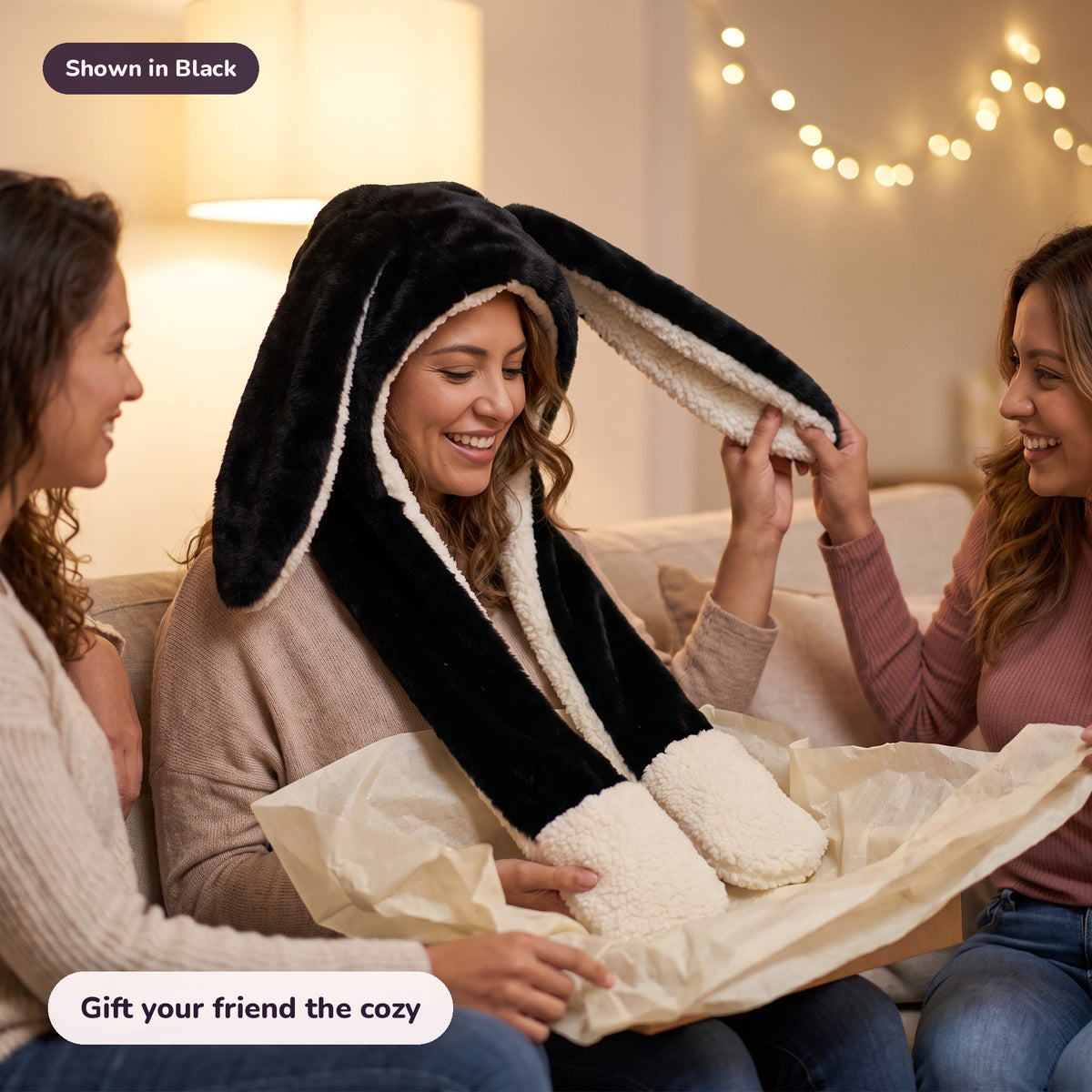Woman using the Snugglet Bunny Set in Black – Gift your friend the cozy