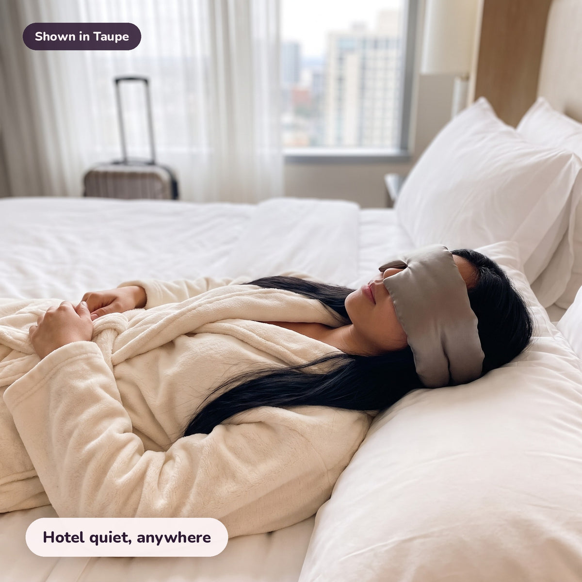 Snugglet Hush Mask in Taupe: Hotel quiet, anywhere