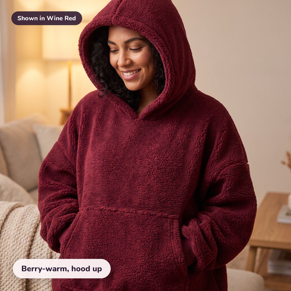Snugglet Hug Hoodie in Wine Red: Berry-warm, hood up