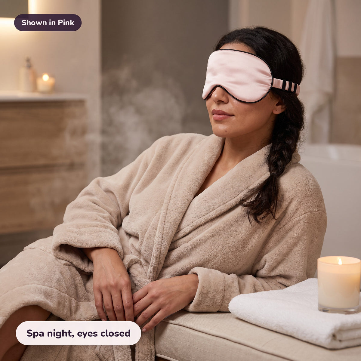 Snugglet Silky Mask in Pink: Spa night, eyes closed