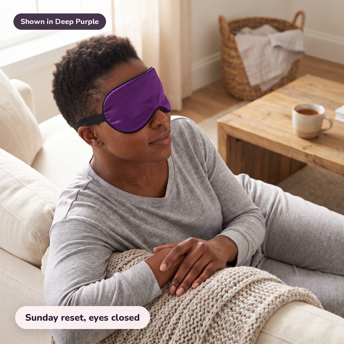 Snugglet Silky Mask in Deep Purple: Sunday reset, eyes closed