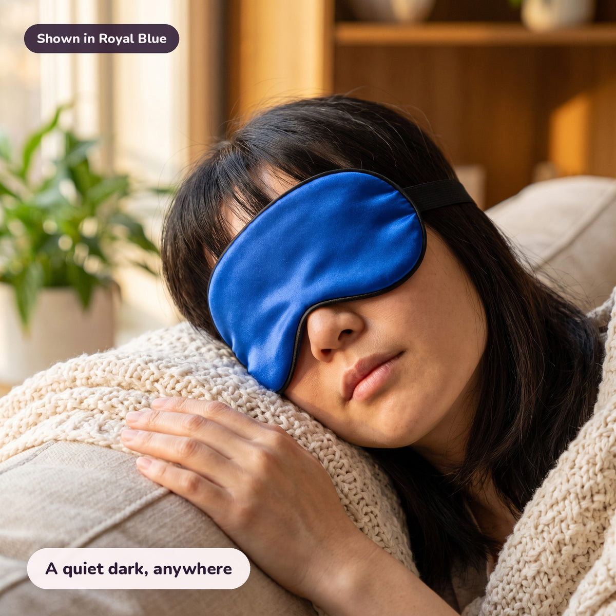 Snugglet Silky Mask in Royal Blue: A quiet dark, anywhere