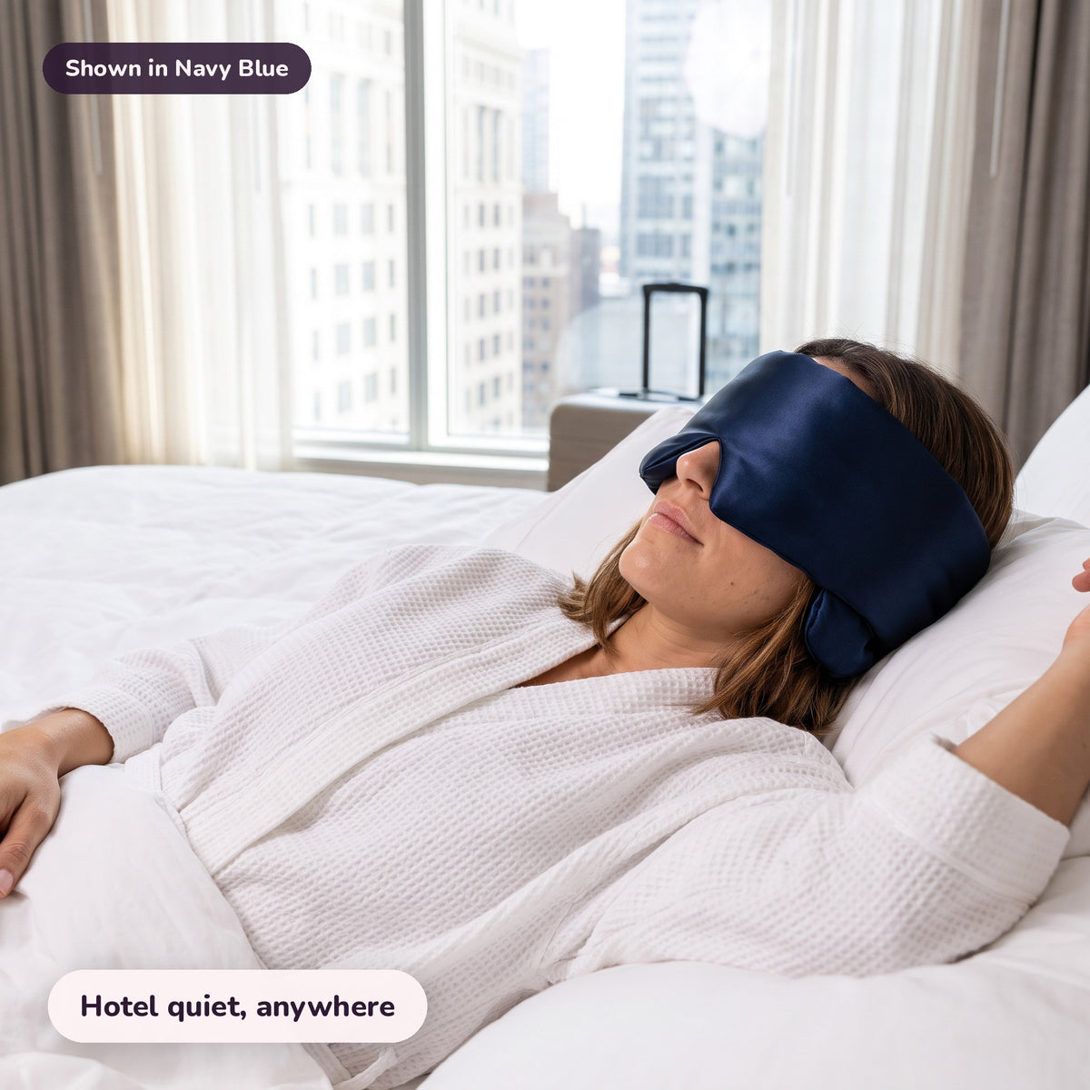 Snugglet Hush Mask in Navy Blue: Hotel quiet, anywhere