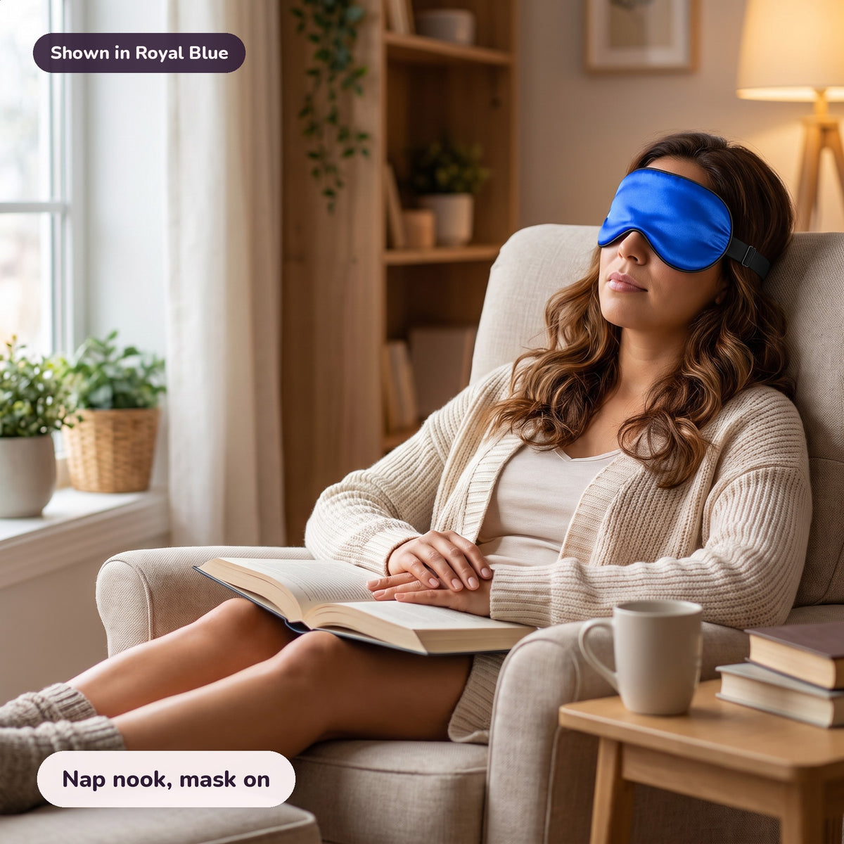 Snugglet Silky Mask in Royal Blue: Nap nook, mask on