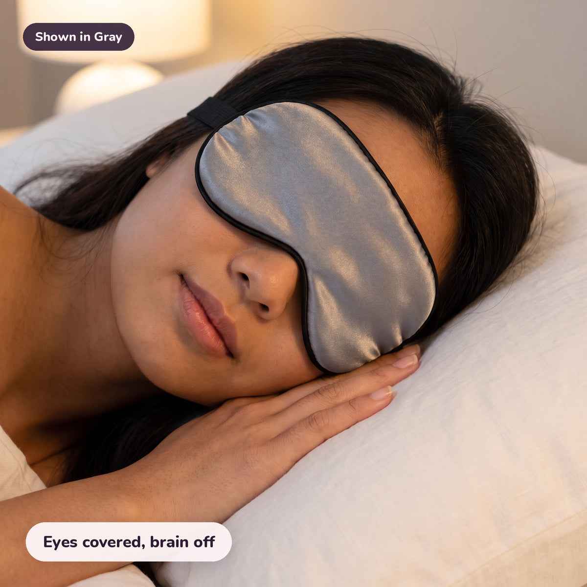 Snugglet Silky Mask in Gray: Eyes covered, brain off