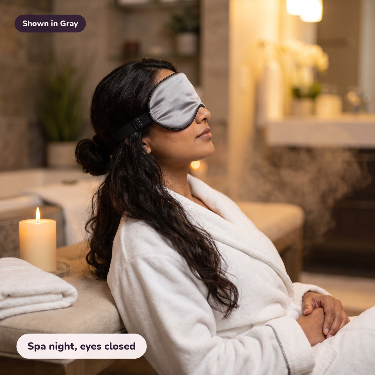Snugglet Silky Mask in Gray: Spa night, eyes closed