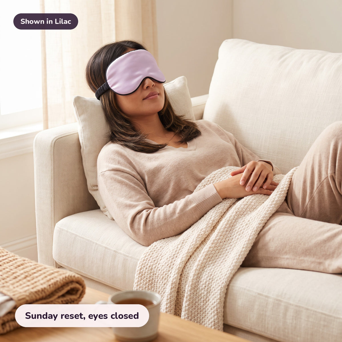 Snugglet Silky Mask in Lilac: Sunday reset, eyes closed